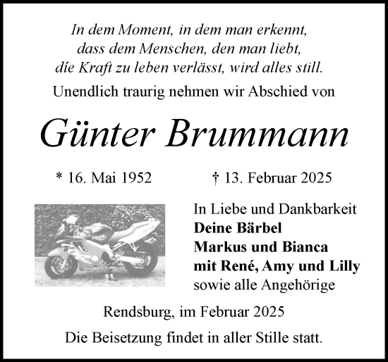 Traueranzeige von Günter Brummann von Schleswig-Holsteinische Landeszeitung