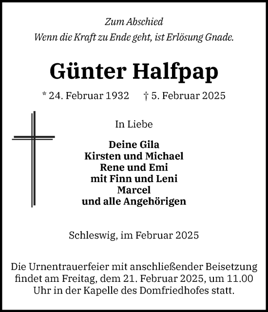 Traueranzeige von Günter Halfpap von Schleswiger Nachrichten, Schlei-Bote