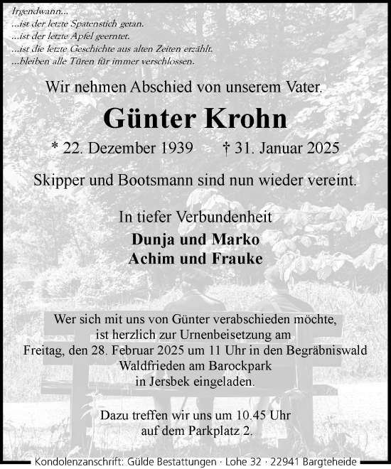 Traueranzeige von Günter Krohn von MARKT Ahrensburg/Bargteheide/Trittau und Stormarner Tageblatt