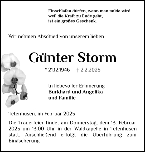 Traueranzeige von Günter Storm von Schleswig-Holsteinische Landeszeitung