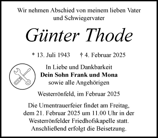 Traueranzeige von Günter Thode von Schleswig-Holsteinische Landeszeitung