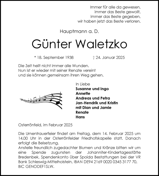 Traueranzeige von Günter Waletzko von Schleswig-Holsteinische Landeszeitung