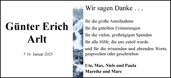 Traueranzeige von Günter Erich Arlt von Flensburger Tageblatt