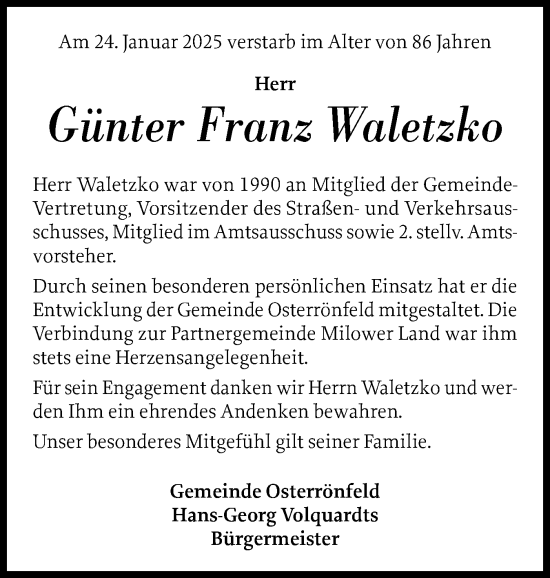 Traueranzeige von Günter Franz Waletzko von Schleswig-Holsteinische Landeszeitung