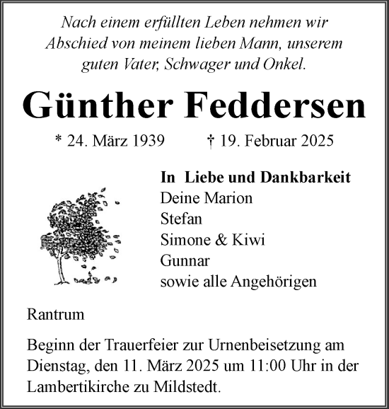 Traueranzeige von Günther Feddersen von Husumer Nachrichten, Nordfriesland Tageblatt