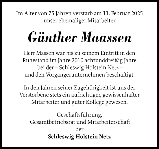 Traueranzeige von Günther Maassen von Schleswig-Holsteinische Landeszeitung