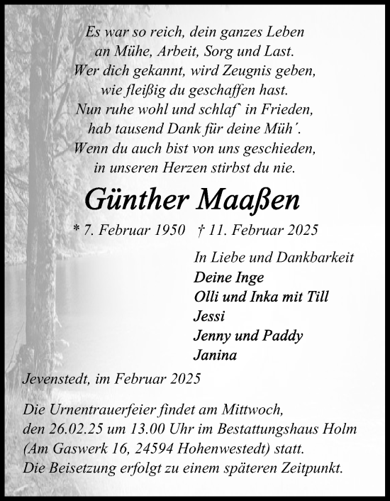 Traueranzeige von Günther Maassen von Schleswig-Holsteinische Landeszeitung
