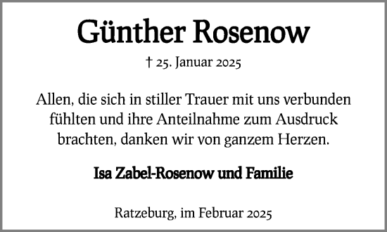 Traueranzeige von Günther Rosenow von MARKT Ratzeburg/Mölln