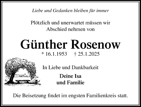Traueranzeige von Günther Rosenow von MARKT Ratzeburg/Mölln