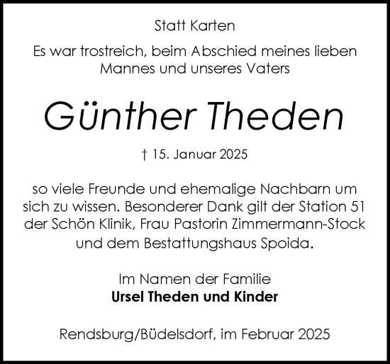 Traueranzeige von Günther Theden von Schleswig-Holsteinische Landeszeitung