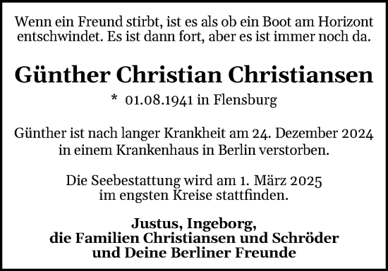 Traueranzeige von Günther Christian Christiansen von Flensburger Tageblatt
