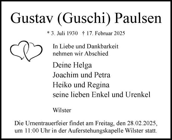 Traueranzeige von Gustav Paulsen von Norddeutsche Rundschau, Wilstersche Zeitung, Glückstädter Fortuna