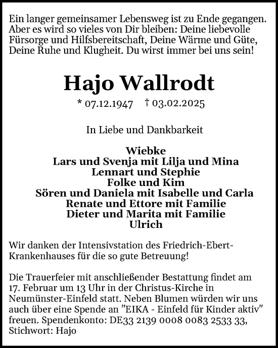 Traueranzeige von Hajo Wallrodt von Holsteinischer Courier