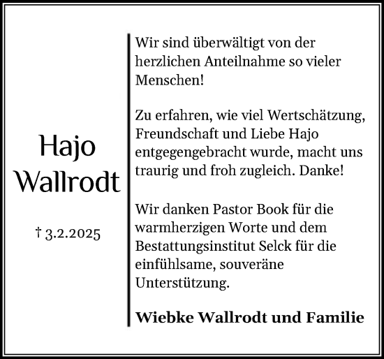 Traueranzeige von Hajo Wallrodt von Holsteinischer Courier