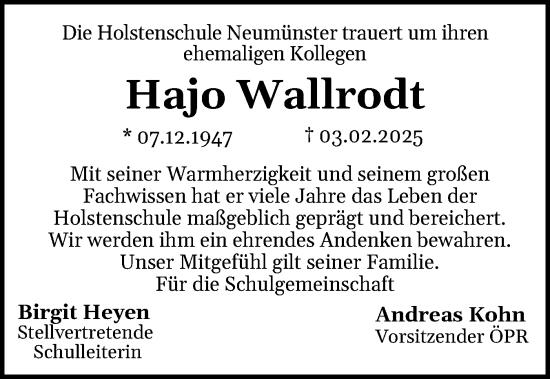 Traueranzeige von Hajo Wallrodt von Holsteinischer Courier