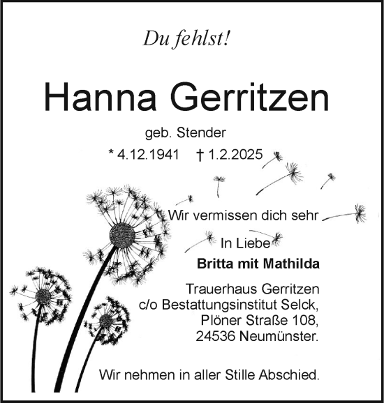 Traueranzeige von Hanna Gerritzen von Holsteinischer Courier
