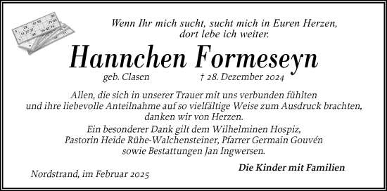Traueranzeige von Hannchen Formeseyn von Husumer Nachrichten, Nordfriesland Tageblatt