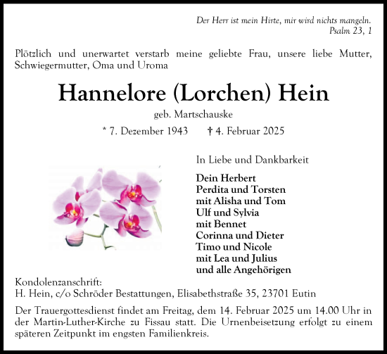 Traueranzeige von Hannelore Hein von Ostholsteiner Anzeiger