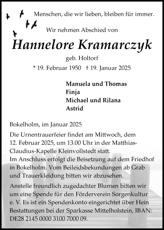 Traueranzeige von Hannelore Kramarczyk von Schleswig-Holsteinische Landeszeitung