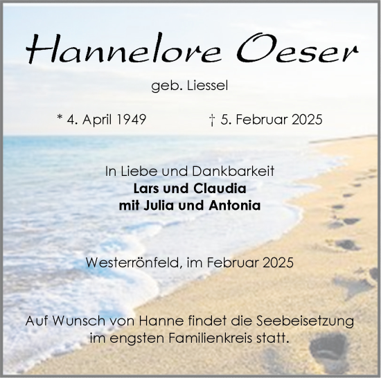 Traueranzeige von Hannelore Oeser von Schleswig-Holsteinische Landeszeitung