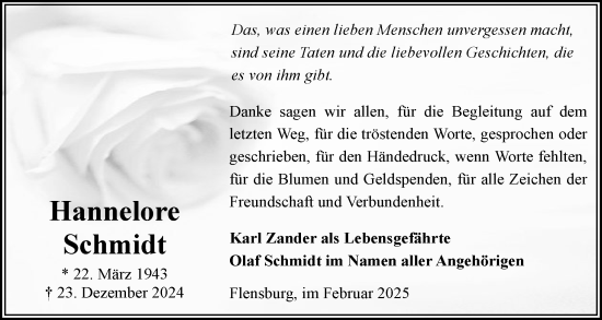 Traueranzeige von Hannelore Schmidt von Flensburger Tageblatt