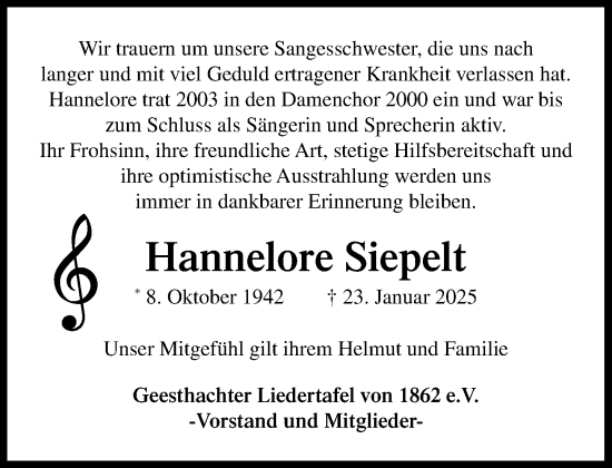Traueranzeige von Hannelore Siepelt von Wochenend Anzeiger