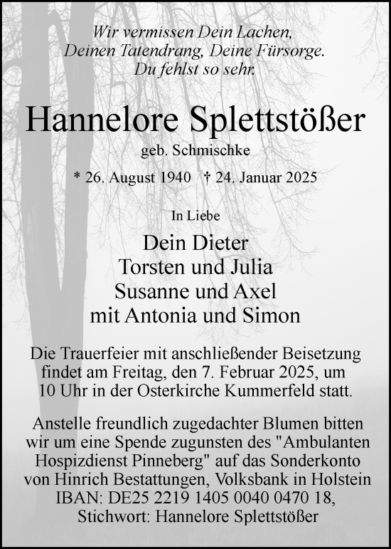 Traueranzeige von Hannelore Splettstößer von Region Pinneberg und tip Pinneberg