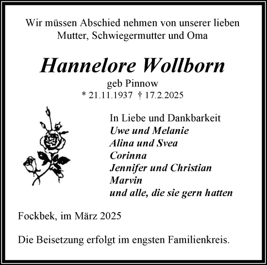 Traueranzeige von Hannelore Wollborn von Schleswig-Holsteinische Landeszeitung