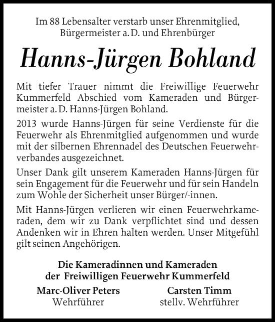 Traueranzeige von Hanns-Jürgen Bohland von Region Pinneberg und tip Pinneberg
