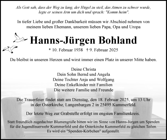 Traueranzeige von Hanns-Jürgen Bohland von Region Pinneberg und tip Pinneberg