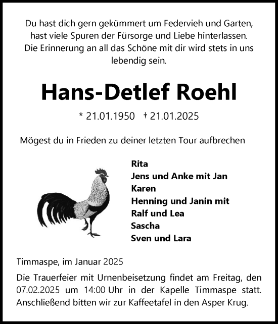 Traueranzeige von Hans-Detlef Roehl von Schleswig-Holsteinische Landeszeitung