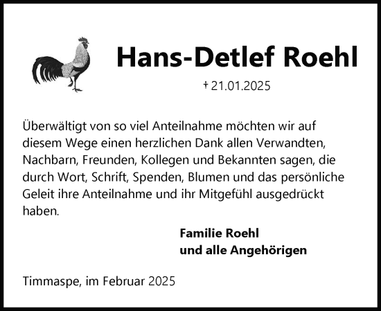 Traueranzeige von Hans-Detlef Roehl von Schleswig-Holsteinische Landeszeitung