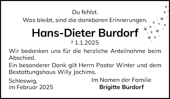Traueranzeige von Hans-Dieter Burdorf von Schleswiger Nachrichten, Schlei-Bote