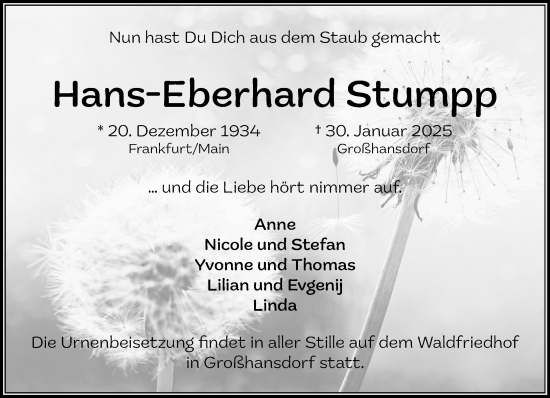 Traueranzeige von Hans-Eberhard Stumpp von MARKT Ahrensburg/Bargteheide/Trittau und Stormarner Tageblatt