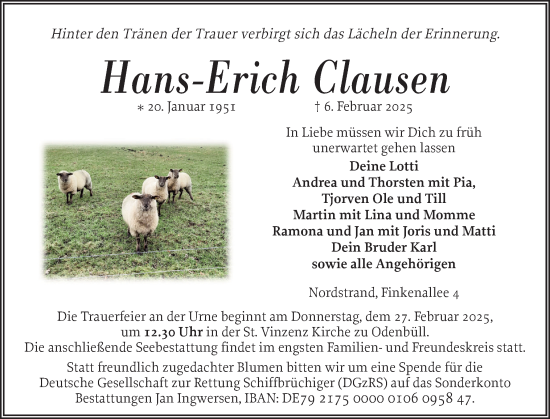 Traueranzeige von Hans-Erich Clausen von Husumer Nachrichten, Nordfriesland Tageblatt