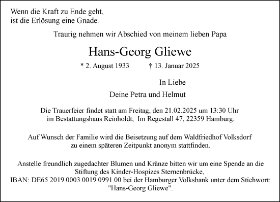 Traueranzeige von Hans-Georg Gliewe von MARKT Ahrensburg/Bargteheide/Trittau und Stormarner Tageblatt