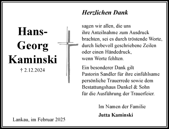 Traueranzeige von Hans-Georg Kaminski von MARKT Ratzeburg/Mölln