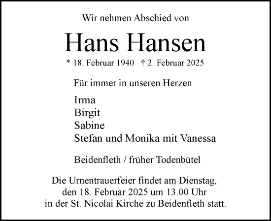Traueranzeige von Hans Hansen von Schleswig-Holsteinische Landeszeitung