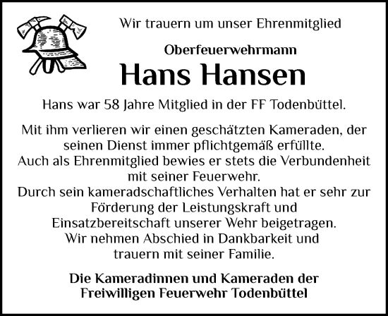 Traueranzeige von Hans Hansen von Schleswig-Holsteinische Landeszeitung
