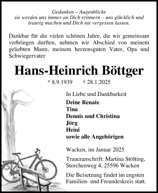 Traueranzeige von Hans-Heinrich Böttger von Norddeutsche Rundschau, Wilstersche Zeitung, Glückstädter Fortuna