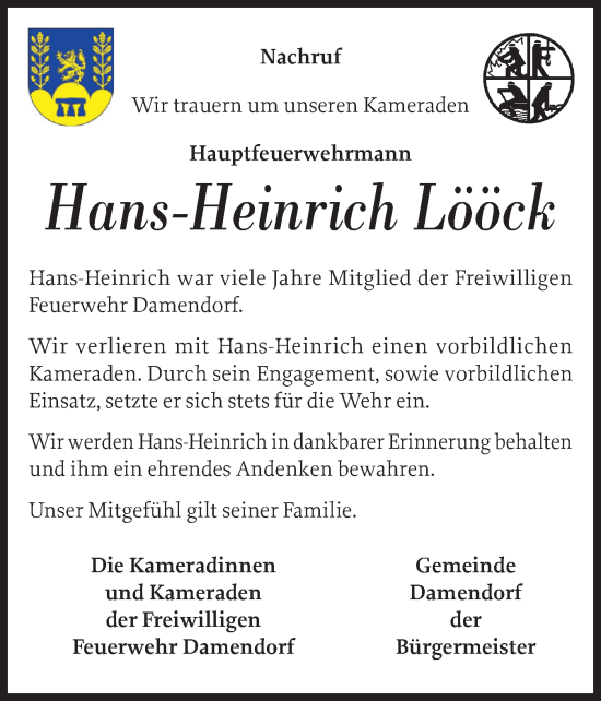 Traueranzeige von Hans-Heinrich Lööck von Eckernförder Zeitung, Hallo Eckernförde