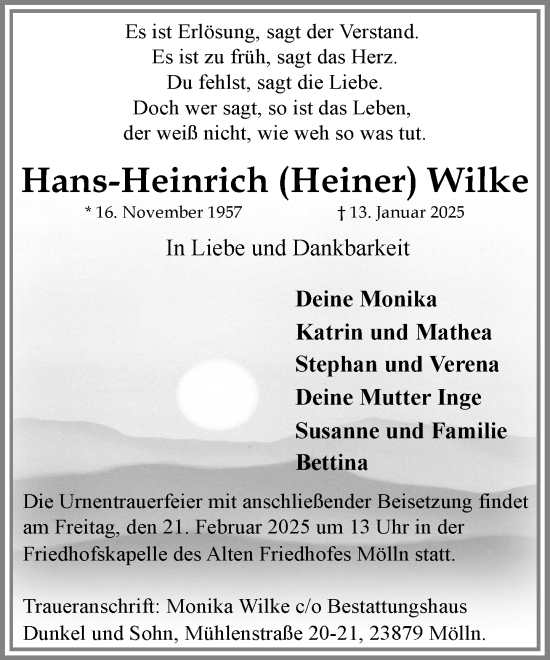 Traueranzeige von Hans-Heinrich Wilke von MARKT Ratzeburg/Mölln