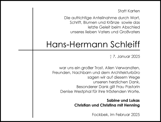 Traueranzeige von Hans-Hermann Schleiff von Schleswig-Holsteinische Landeszeitung