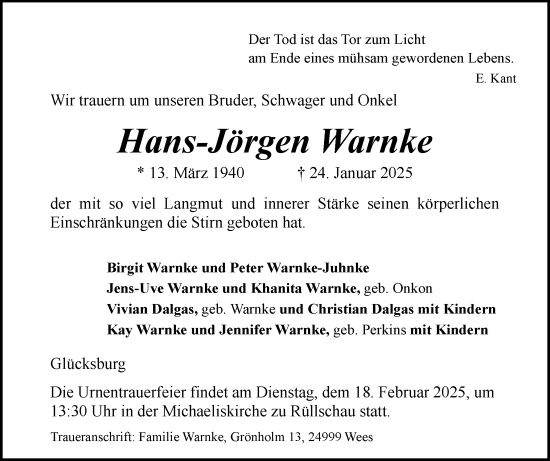 Traueranzeige von Hans-Jörgen Warnke von Husumer Nachrichten, Nordfriesland Tageblatt