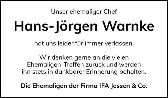 Traueranzeige von Hans-Jörgen Warnke von Flensburger Tageblatt