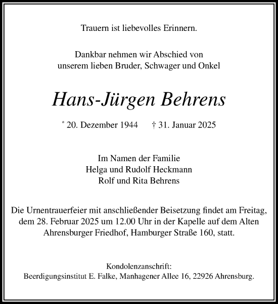 Traueranzeige von Hans-Jürgen Behrens von MARKT Ahrensburg/Bargteheide/Trittau und Stormarner Tageblatt