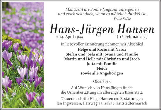 Traueranzeige von Hans-Jürgen Hansen von Husumer Nachrichten, Nordfriesland Tageblatt
