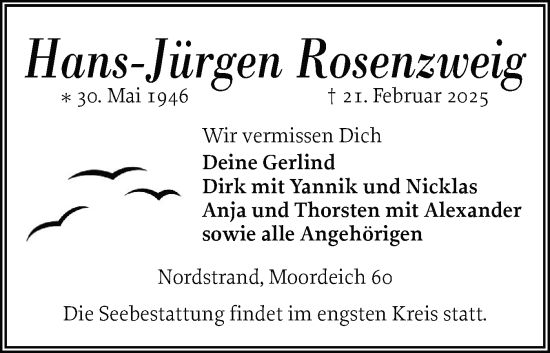Traueranzeige von Hans-Jürgen Rosenzweig von Husumer Nachrichten, Nordfriesland Tageblatt