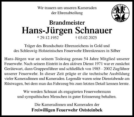 Traueranzeige von Hans-Jürgen Schnauer von MARKT Glinde/Reinfeld
