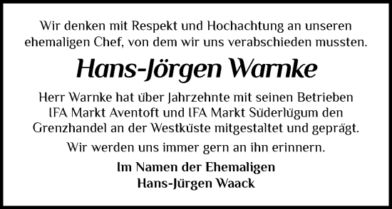 Traueranzeige von Hans-Jürgen Warnke von Husumer Nachrichten, Nordfriesland Tageblatt
